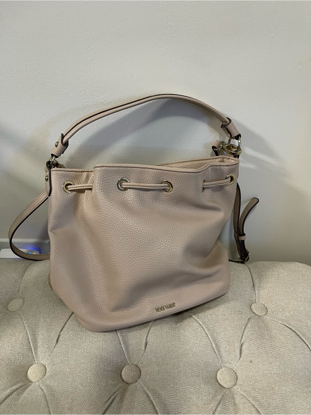 Nine West Blush Pebbled Leather Drawstring Shoulder Bag